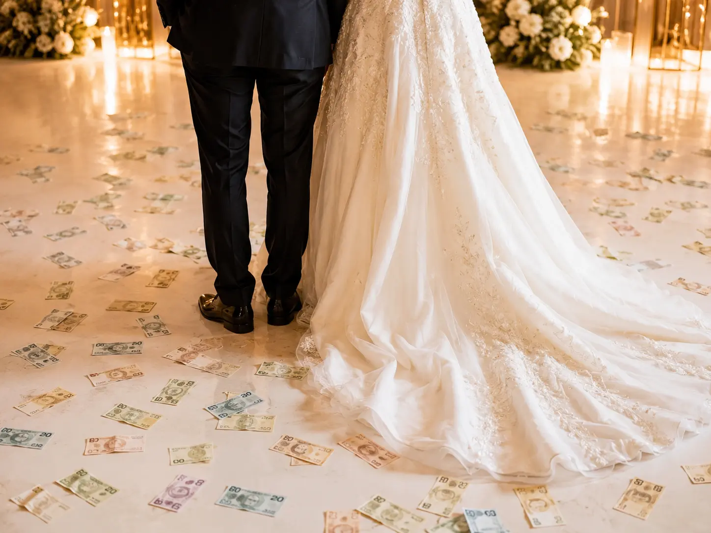 Presentes de casamento em Pix: como pedir e receber de forma elegante Noivos vistos de costas em festa de casamento, com notas de dinheiro espalhadas pelo chão ao redor do vestido da noiva.