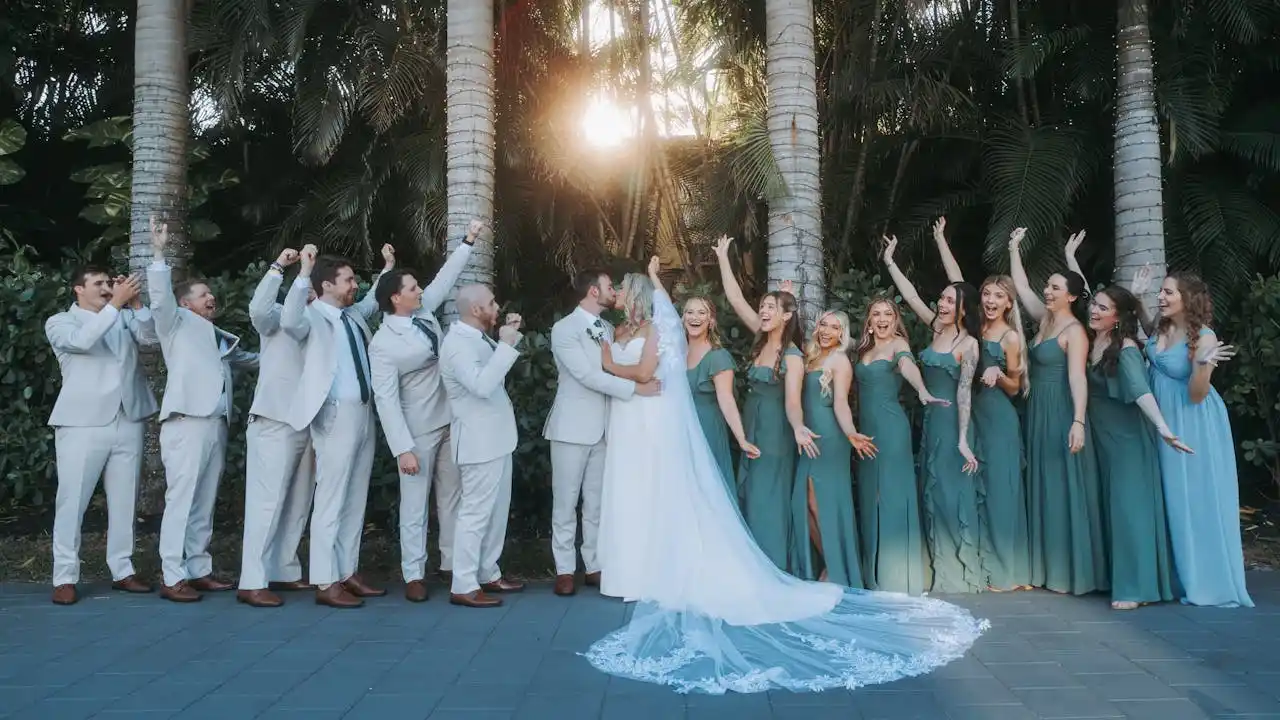 Quantos padrinhos escolher para o casamento e manter equilíbrio Imagem de um casal de noivos no centro, cercado por vários padrinhos e madrinhas, com árvores ao fundo.