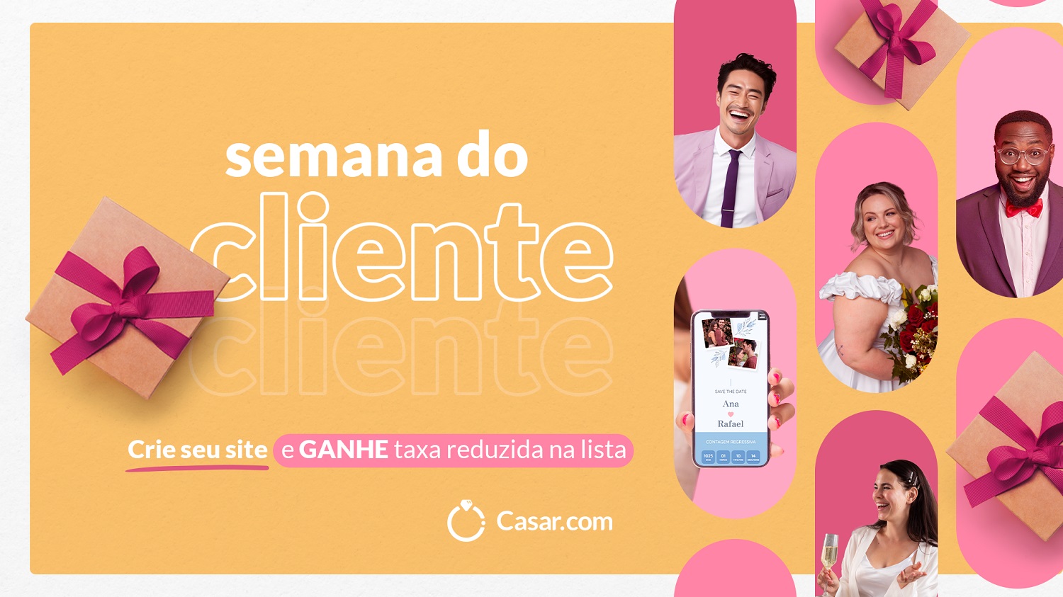 Semana do cliente Casar.com: crie seu site e ganhe taxa reduzida na lista de presentes