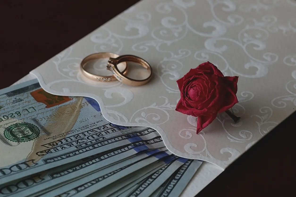 Imagem de um convite de casamento com dinheiro dentro, sobre o convite há alianças de casamento e uma rosa.