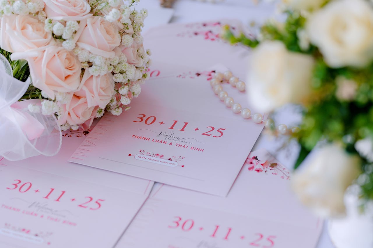 Melhores meses para casar: como escolher a data ideal Imagem mostra convites de casamento com a data em destaque. Ao lado, há um buquê de flores.